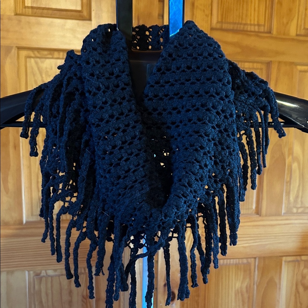 Black knit infinity Scarf with fringe detail